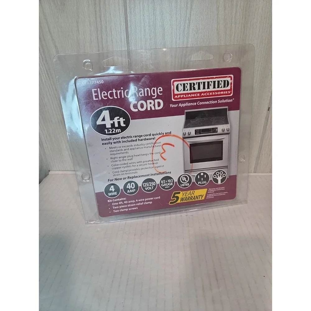 Certified Appliance Accessories 4 Ft. 4-Prong Range Power Cord - 40 Amp